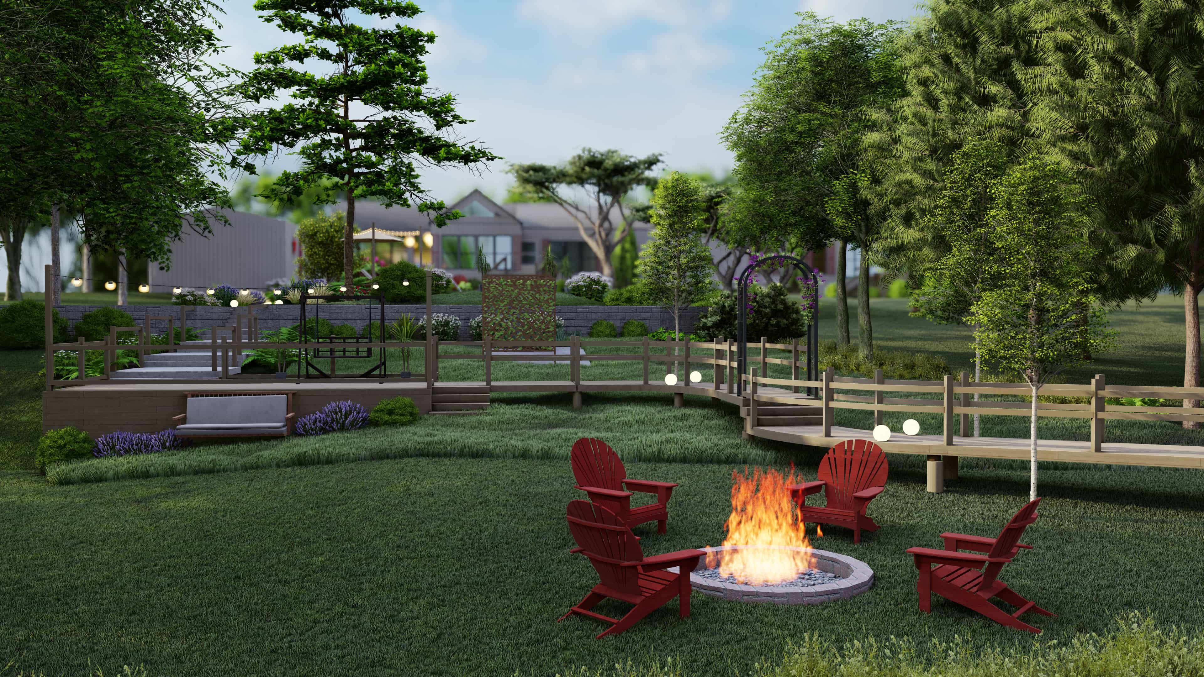 A serene backyard garden at dusk featuring two red Adirondack chairs facing a lit fire pit, surrounded by lush greenery, trees, and a well-manicured lawn. A wooden deck with benches and decorative lights can be seen in the background, creating a cozy outdoor living space